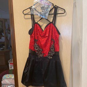 Weissman Red & Black Biketard W/ Back Skirt & Applique Hair Piece
